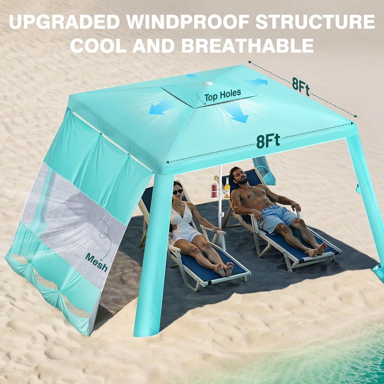 rhino valley beach cabana, 8 * 8ft beach tent upf50+ protection, easy setup beach canopy wind resistant with cup holder, compact beach shade foldable beach tent sun shelter, turquoise green