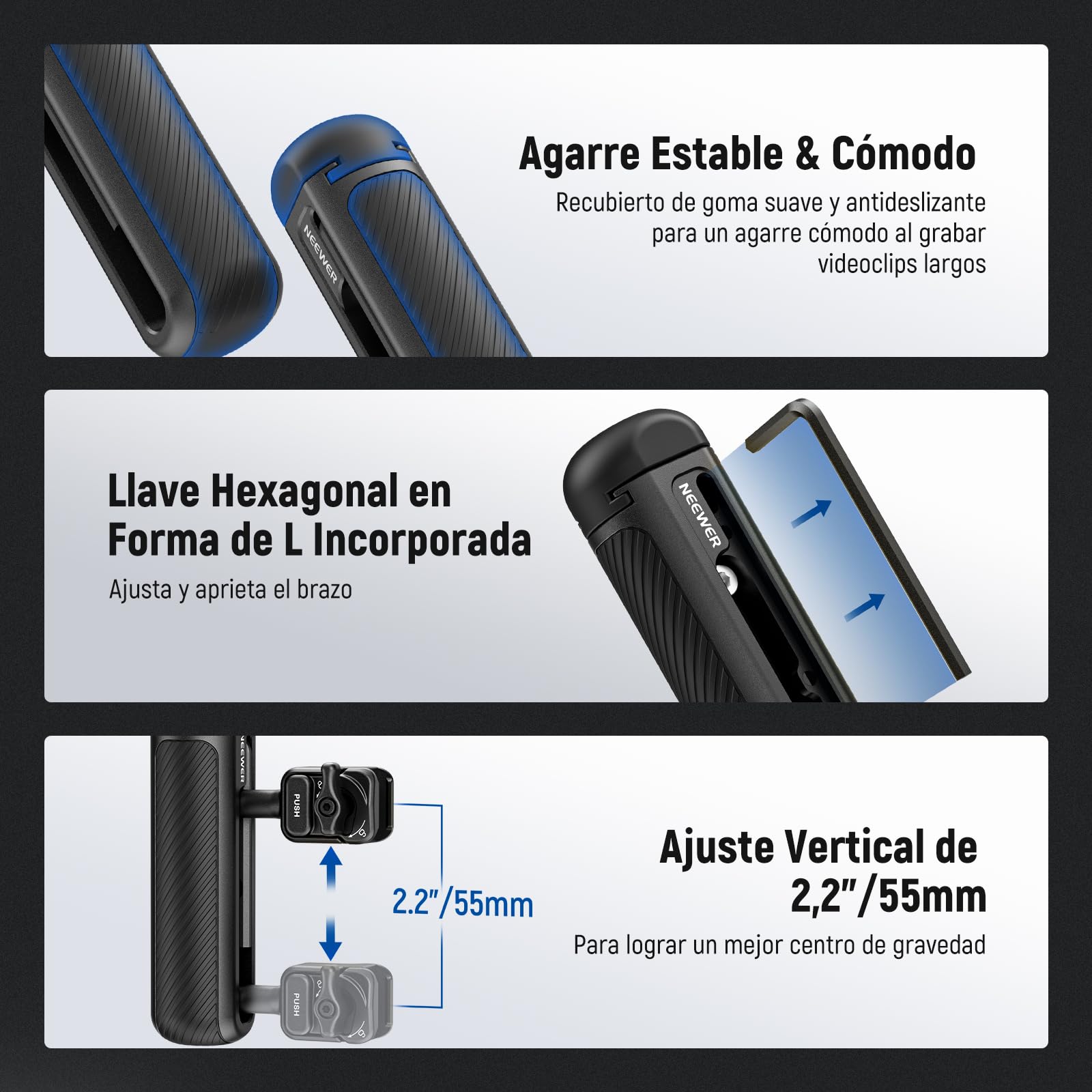 NEEWER Manija Lateral Liberación Rápida para Jaula Teléfono PA073 PA074 para iPhone 16 Pro/16 Pro MAX, PA042 para Samsung S24 Ultra, con Zapata Fría Cubierta, Anti Off Pin, Cerradura Negra, PA045B