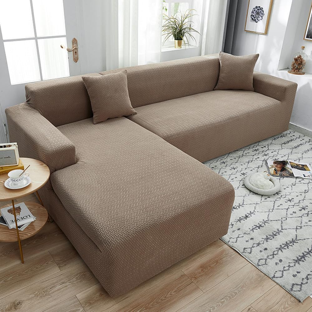 Sofabezug l Form, Jacquard Stretch Sofabezug, verdickter weicher und bequemer Stoff, Sofaschoner rutschfest für Wohnzimmer, staubdicht, Maschinen waschbar (Light Coffee,3-Seater 190-230cm)