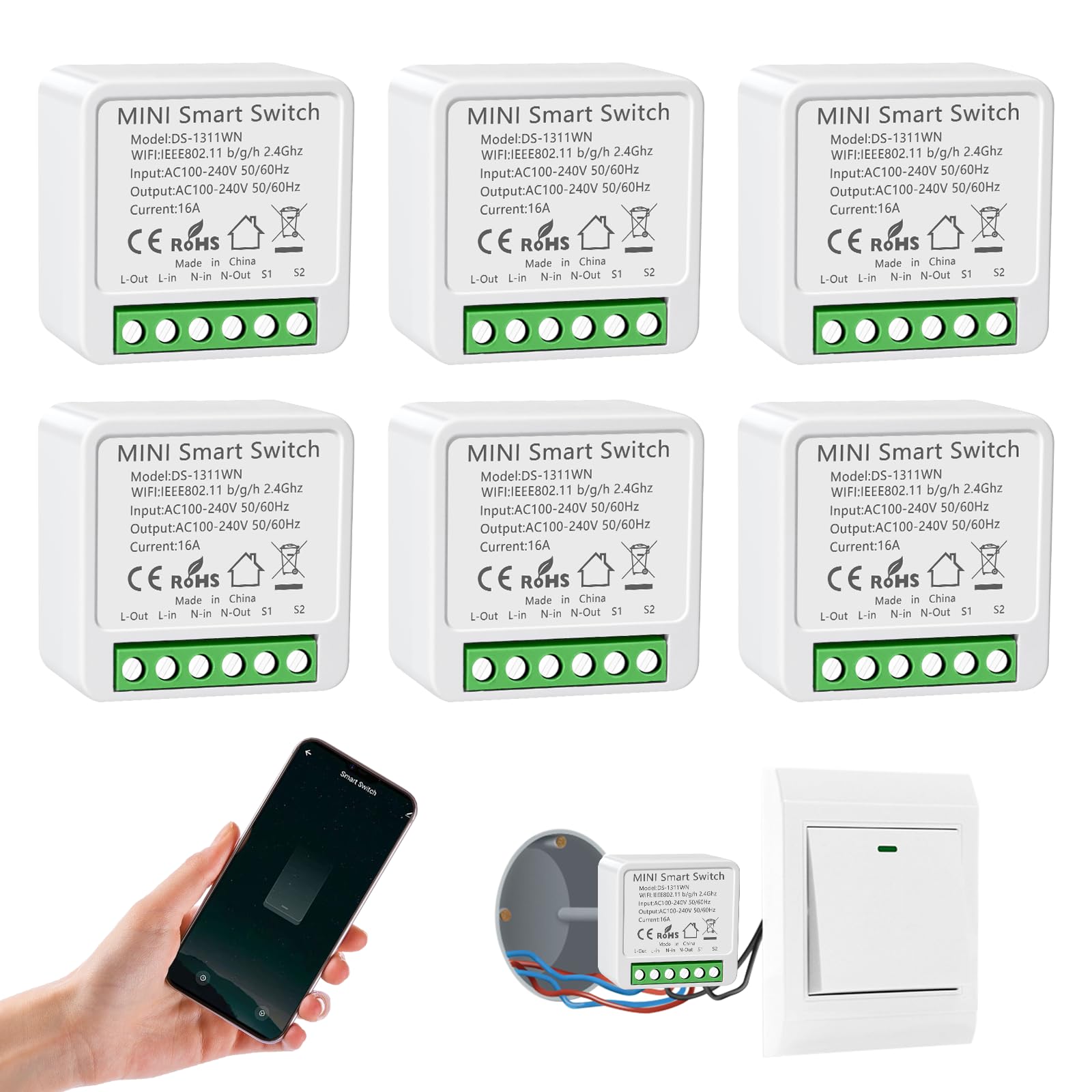 6 Stück Smart Lichtschalter Alexa, WLAN Schalter Modul, Mini Smart Switch
