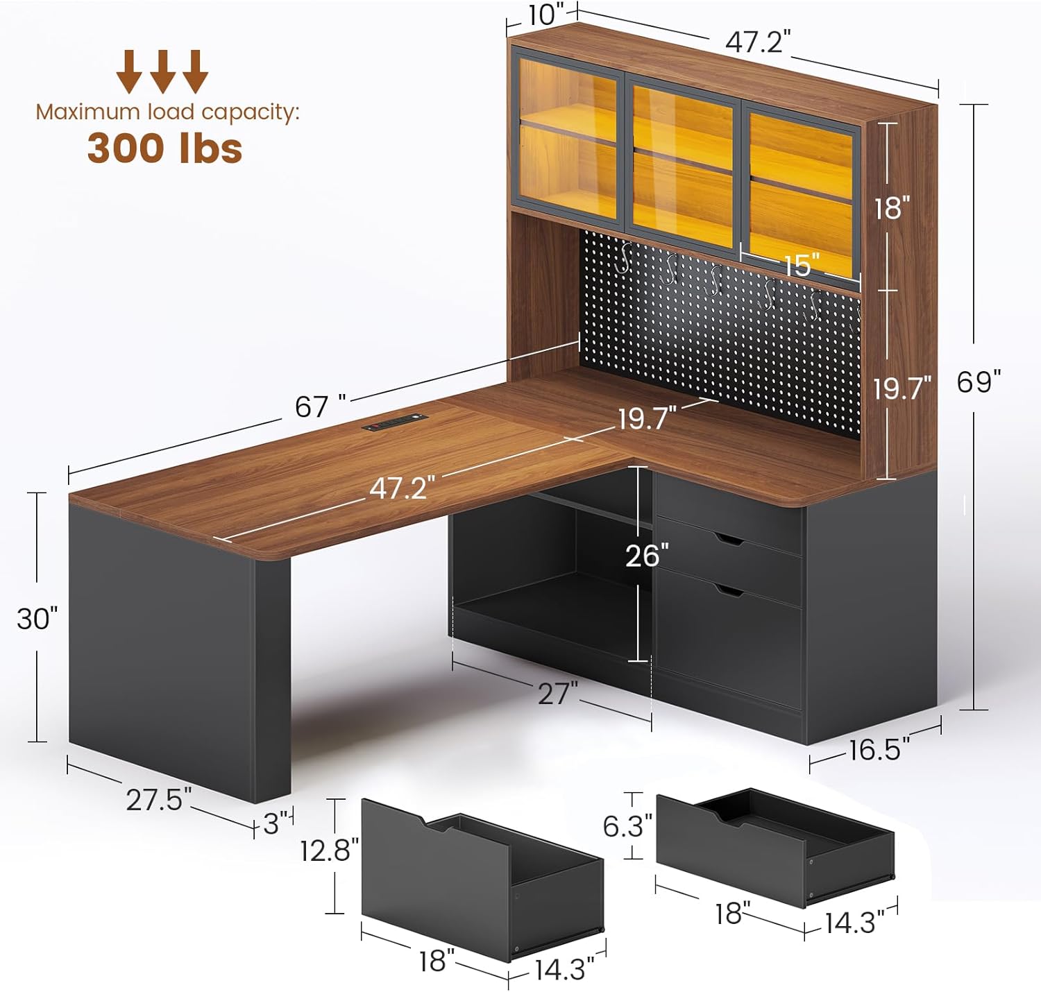 SEDETA L Shaped Office Desk, Computer Desk with 3 Wood Drawer and Large Bookshelf, L Shaped Corner Gaming Desk with LED Light, Display Cabinet and Pegboard, 27.5" W Large Desktop Table, Brown