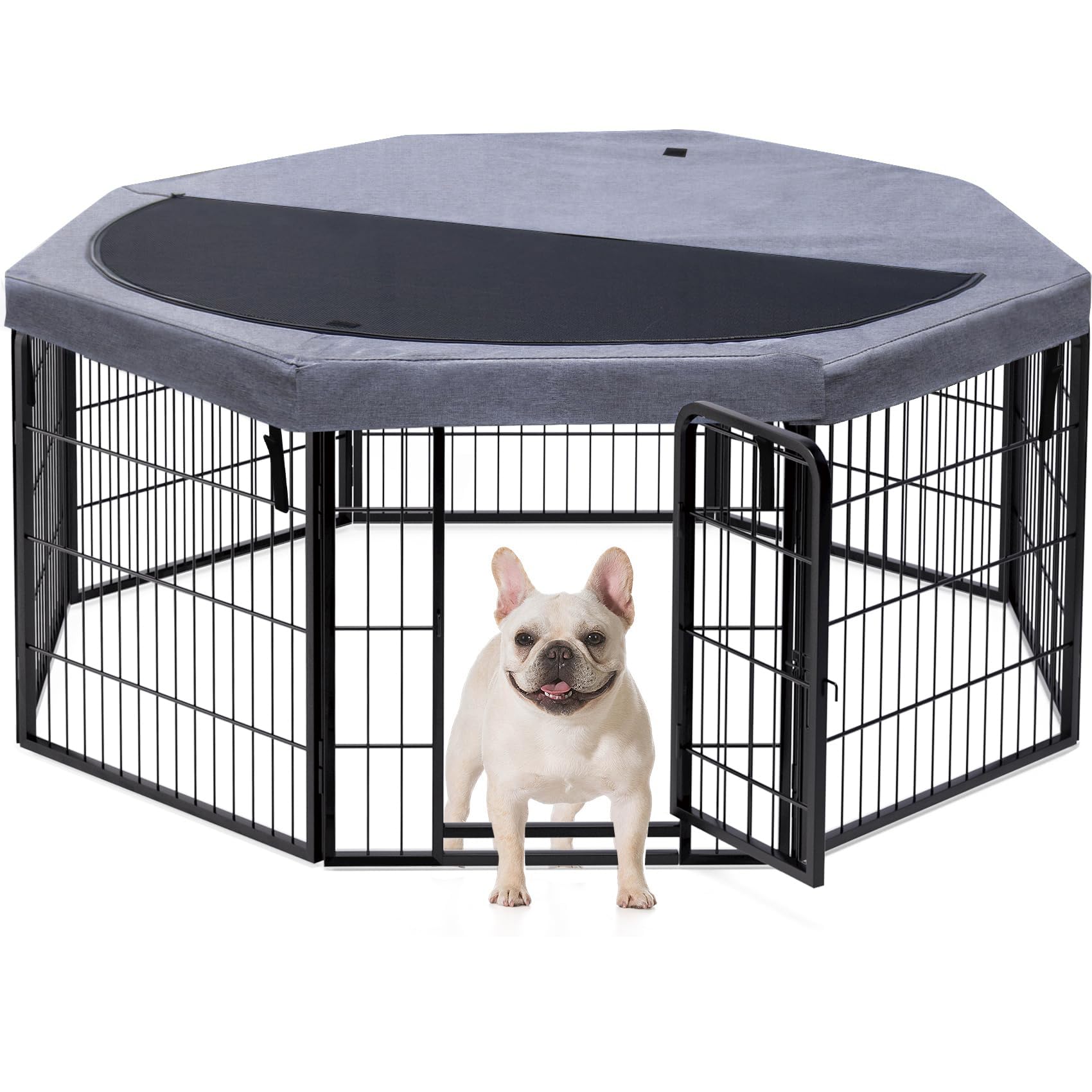 PETIME Recinzione per cani in metallo, resistente, per interni ed esterni, 55,9 x 61 cm (larghezza x altezza), 8 pannelli, con copertura superiore ottagonale