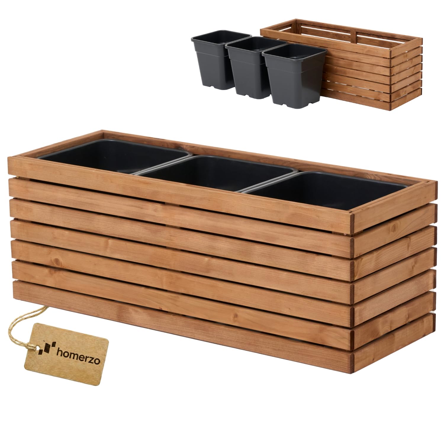 Jardinière en bois avec bac plastique pour extérieur | 98x36x35cm marron