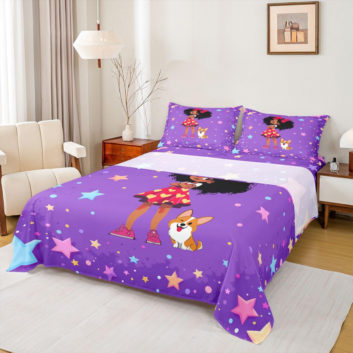 Homewish Kreskówka czarne dziewczęce prześcieradła podwójne koloful gwiazdy nadruk zestaw pościeli śliczne kropki zestaw pościeli - Kawaii łuk pies dopasowane płaskie prześcieradła 4 sztuki