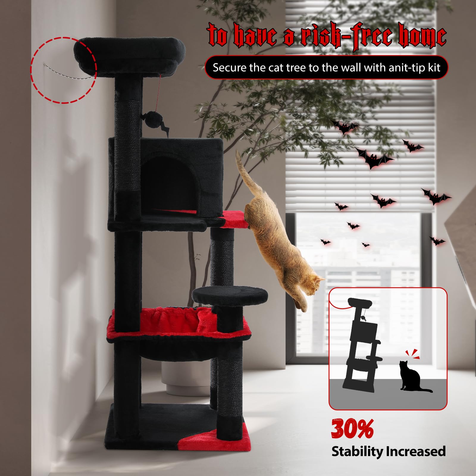PAWZ Road Drapak 116 cm, stabilny, z grubą płytą podłogową, pluszowy hamak, 6 poziomów, sizalowy słupek do drapania, 2-drzwiowy domek dla kotów, czarny