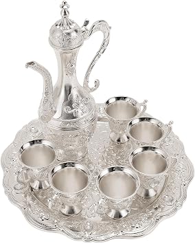 Turkish Tea Set with Teapot and Tray, 7 Piece Vintage Silver Metal Pot with Tray & 6 Saucer Cups Vintage Style Serving Gift Set for Adults