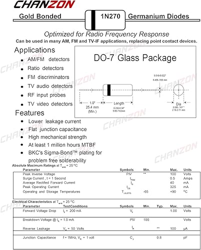 Miniatura 2 de Chanzon 1N270 Diodos de germanio 40mA 100V DO-7 IN270 1N-270 Diodos axiales de vidrio para TV FM AM Radio Detección