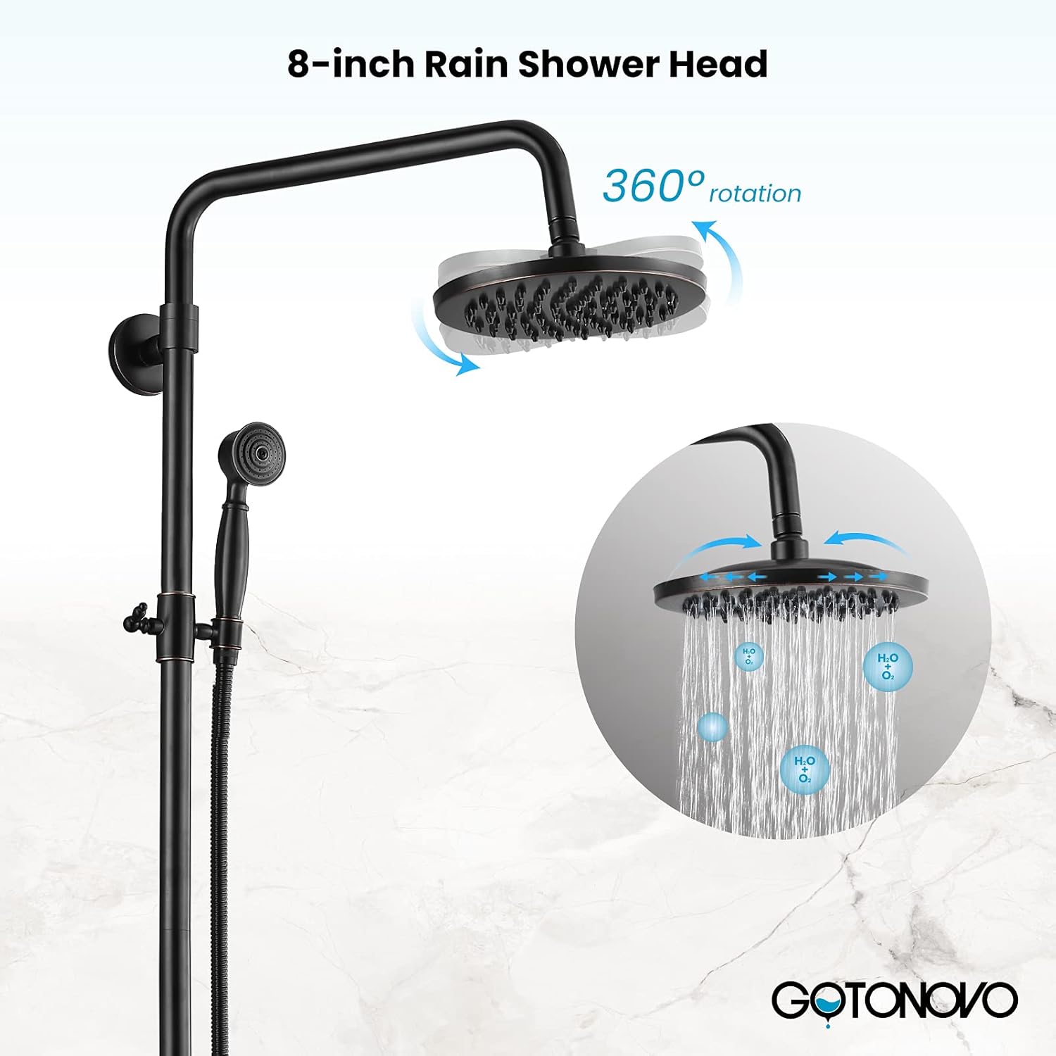 Oil Rubbed Bronze Bathroom Luxury Shower Faucet Rain Mixer 8 Inch Round Head with Matching Matte Black Clawfoot Tub 3-3/8 Inch Adapter Adjustable Swing Arms