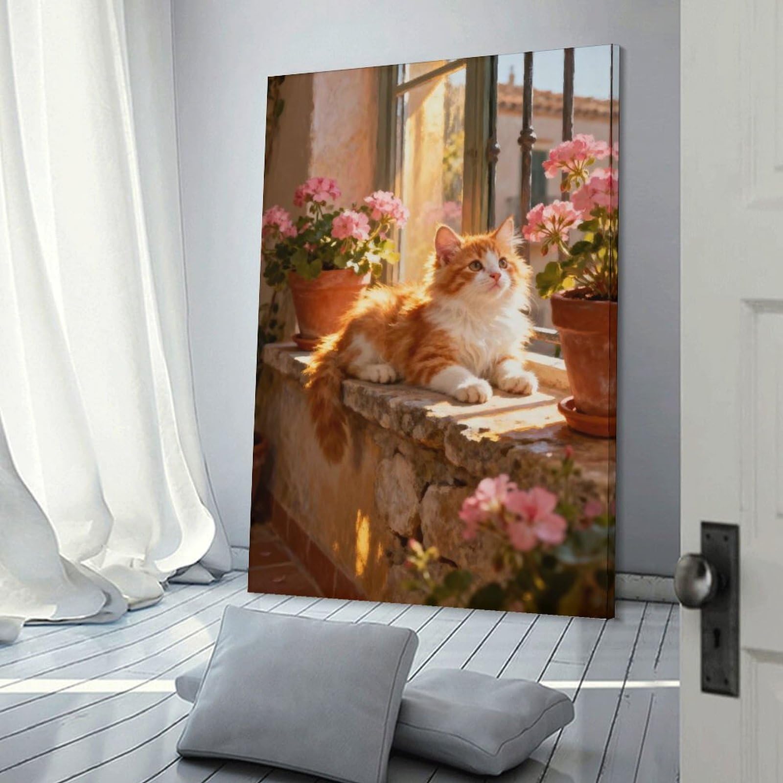 Junmoney Ginger Cat by The Window Decorative Wall Artwork, 20x30inch(50x75cm), for Home Lounge, Bedroom Or Reading Nook, Easy Decor for Gallery Walls