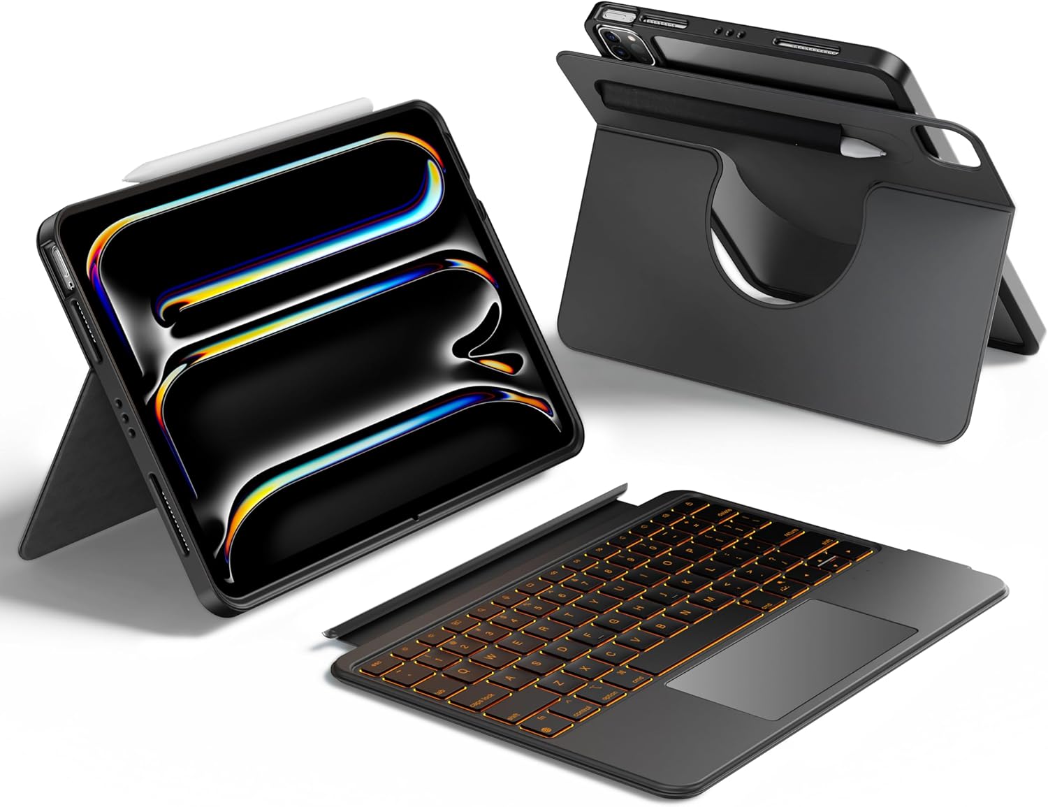 HOU Detachable Keyboard Case only for iPad Pro 11 (M4 2024), Magnetic Rotatable Case with Keyboard for iPad Pro 11 5th Gen with Multi-Touch Trackpad, 7 Colors Backlight - Black