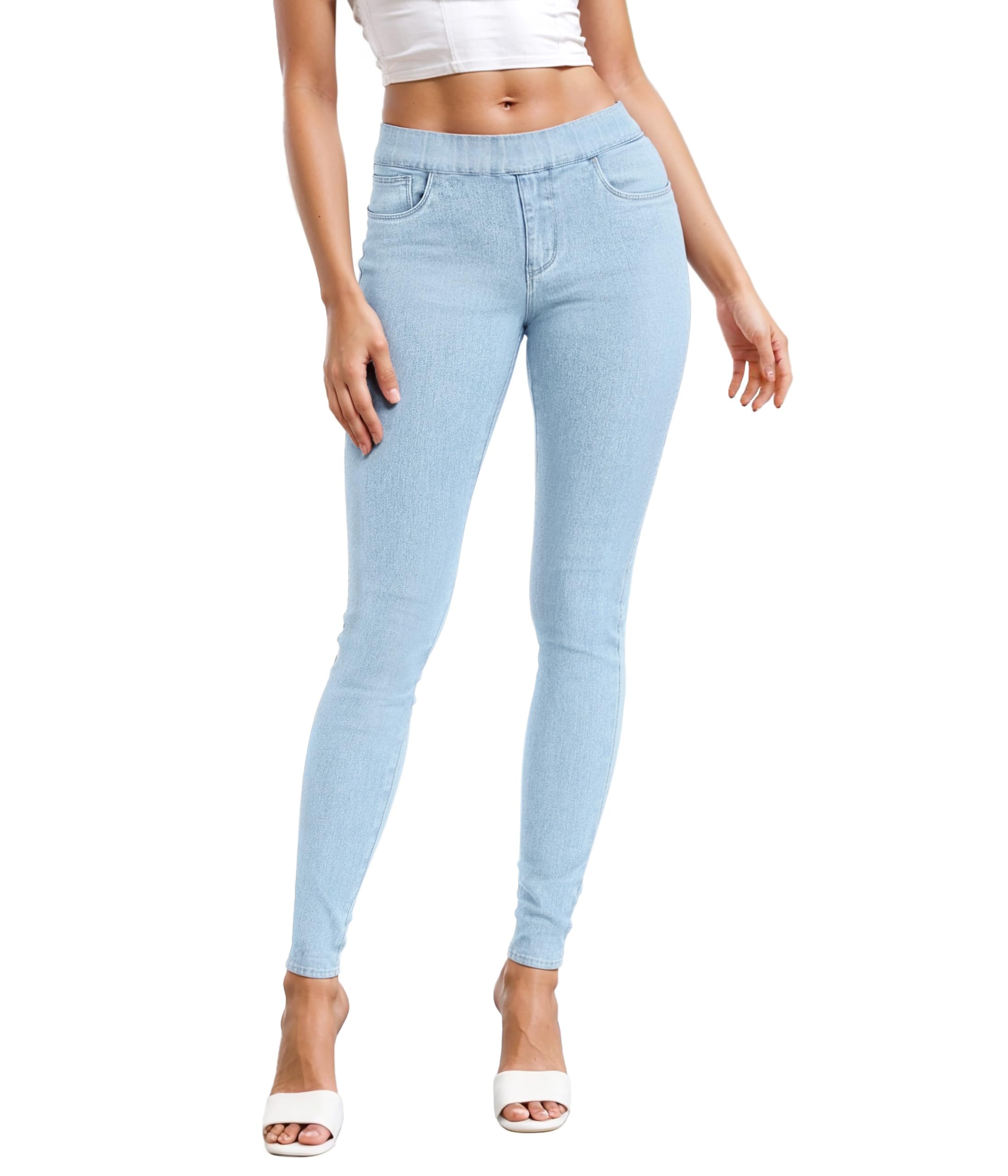Hybrid & Company Women's Pull On Stretchy Mid Rise Skinny Fit Pants Regular or Distressed Jeans with Long Short Inseam
