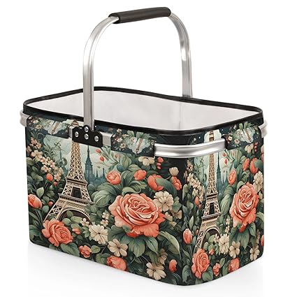 Kizmoglux Paris Eiffel Tower Flower Collapsible Market Basket, Foldable Picnic Basket - Large Shopping Basket with Handles, Portable Folding Bag for Shopping Camping Picnic