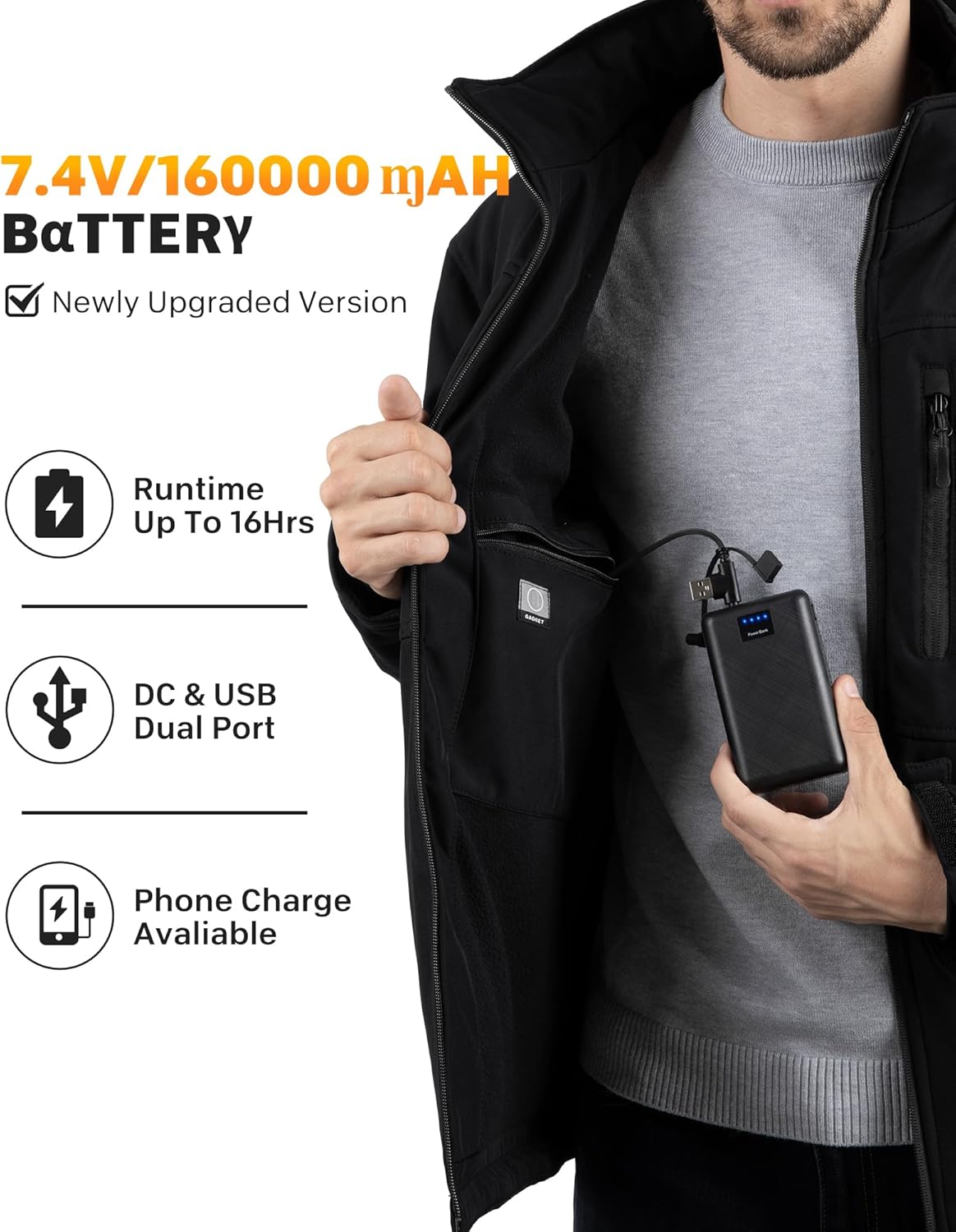 QOPOYU Heated Jacket for Men with Βαtterγ Pack, Windproof Electric Insulated Mens Heated Jacket Coat with Detachable Hood - Image 4