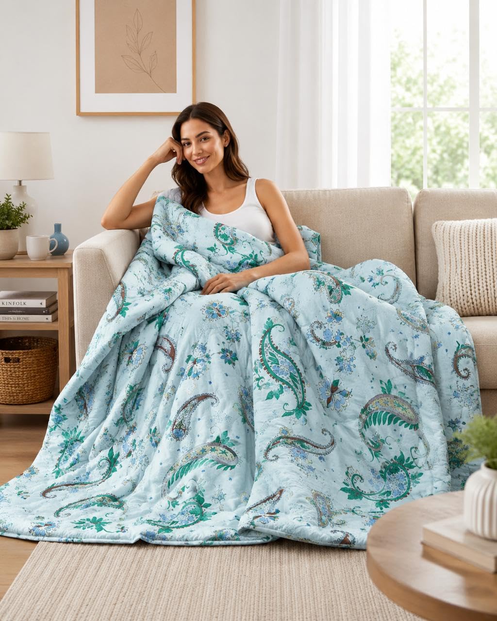Quilted AC Comforter Quality Glace Coton Reversible All Season Blanket for Double Bed | Ultra Soft Lightweight Quilt Duvet | 183 x 229cm, Blue-image-27
