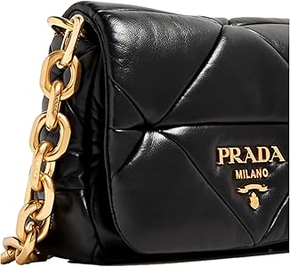 バッグ PRADA PUNCHING LEATHER ONE SHOULDER BAG Prada Women's Gold Logo Black Quilted Nappa Patch Leather