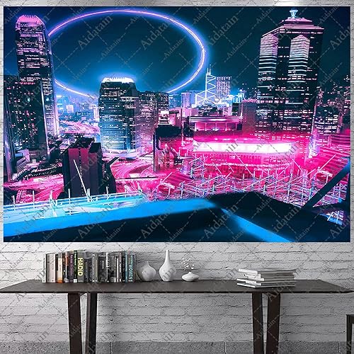 Miniatura 15 de Aidatain Tapiz Punk Cityscape Neon Nightscape de ciencia ficción de arte electrónico grande de 80 x 60 pulgadas para dormitorio y sala de estar