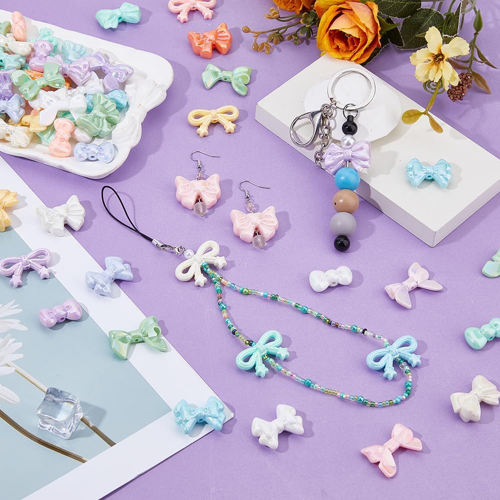 60Pcs Large Bow Beads 6 Styles Bowknot Focal Beads AB Color Acrylic Bow Beads Candy Color Bowknot Beads for Adult Craft Pens Keychains and Jewelry Making,Hole:2-2.5mm image 5