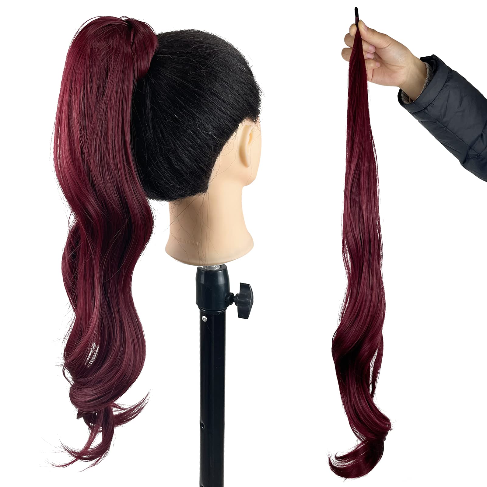 Chicmoi Burgundy Ponytail Extainson 32 Inch Flexible Wrap Around Ponytail Hair Extension Long Wavy Pony Tails hair Extension Wine Red Synthetic