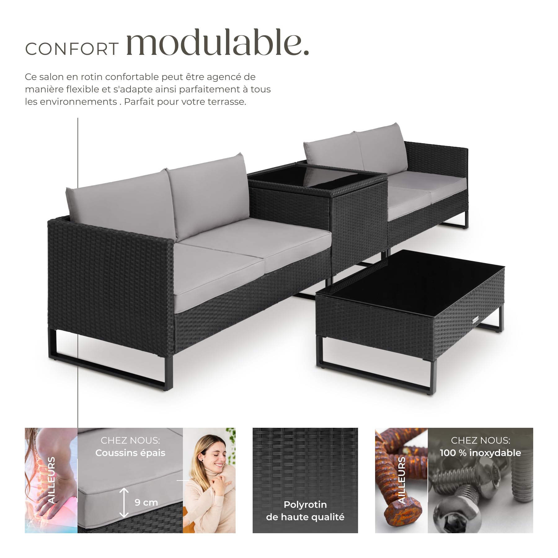Tectake Ensemble Salon de Jardin Exterieur Modulable en Rotin, Canape 4 Places, Table Basse Verre, Coffre Rangement, Coussins Inclus