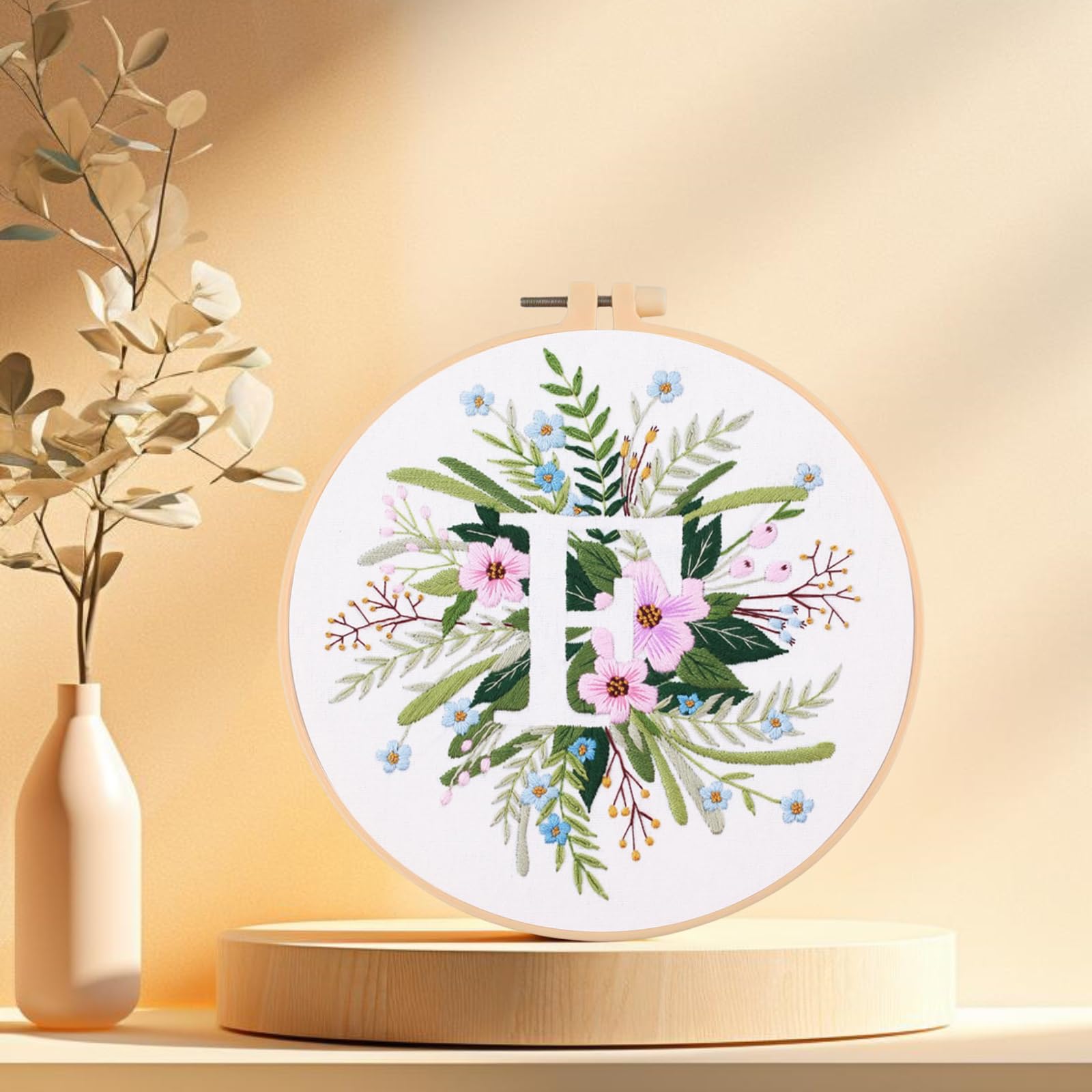 IUHUI Embroidery Kit for Beginners Adults - 26 Floral Letters Easy Patterns, DIY Hand Stitching Embroidery Set with Hoop (Flower and Grass Letter F)