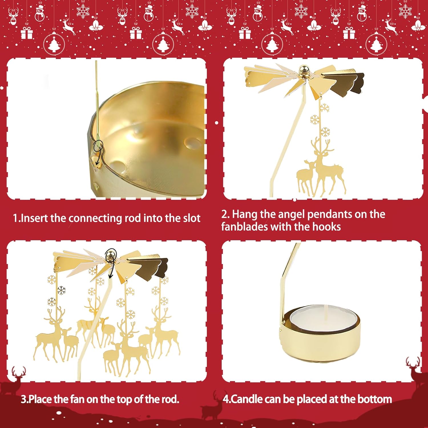 Rotating Candle Holder, Gold, 8x8x12cm, Multi-purpose, Christmas, Wedding, Birthday, Valentine's Day