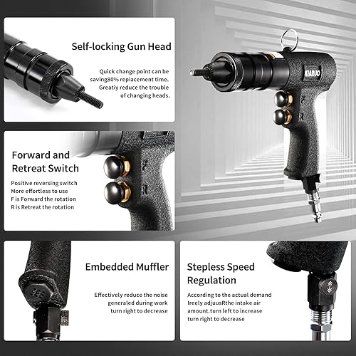 Miniatura 4 de KIARUO Pistola de tuerca de remache neumática 8-32,10-24,14-20 con mandriles de repuesto, pistola de remaches de grado industrial RPM 1500 MODEI