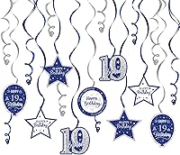 Vista 9 de Serpentinas de remolinos de cumpleaños feliz de 16 años con purpurina azul y plateada - Kit de 15 piezas de remolinos colgantes para el kit