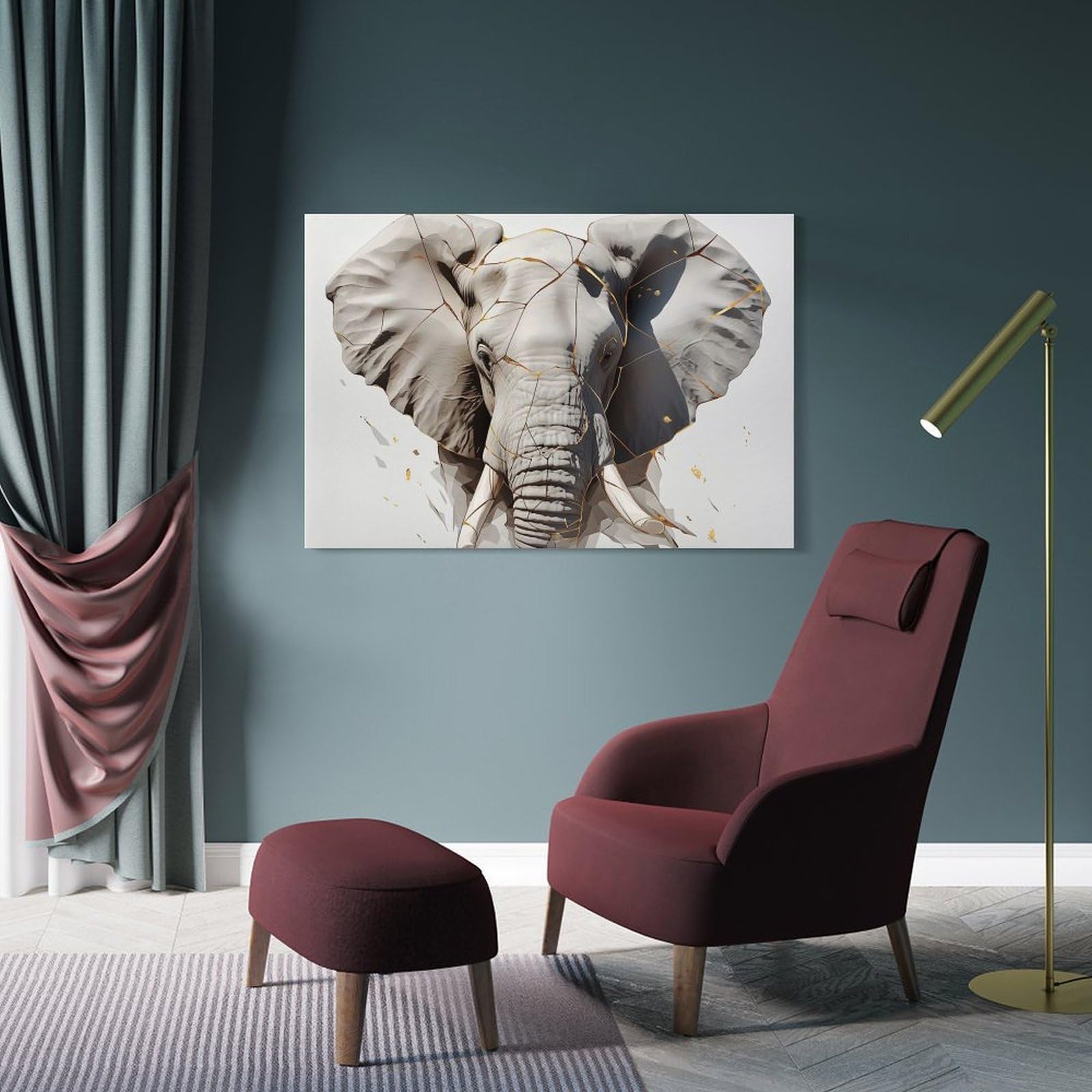 Junmoney Kintsugi Elephant Portrait Room Decor Wall Art, 24x36inch(60x90cm), for Feature Walls in Flats Or Modern Rooms, A Versatile Canvas Print for Layering