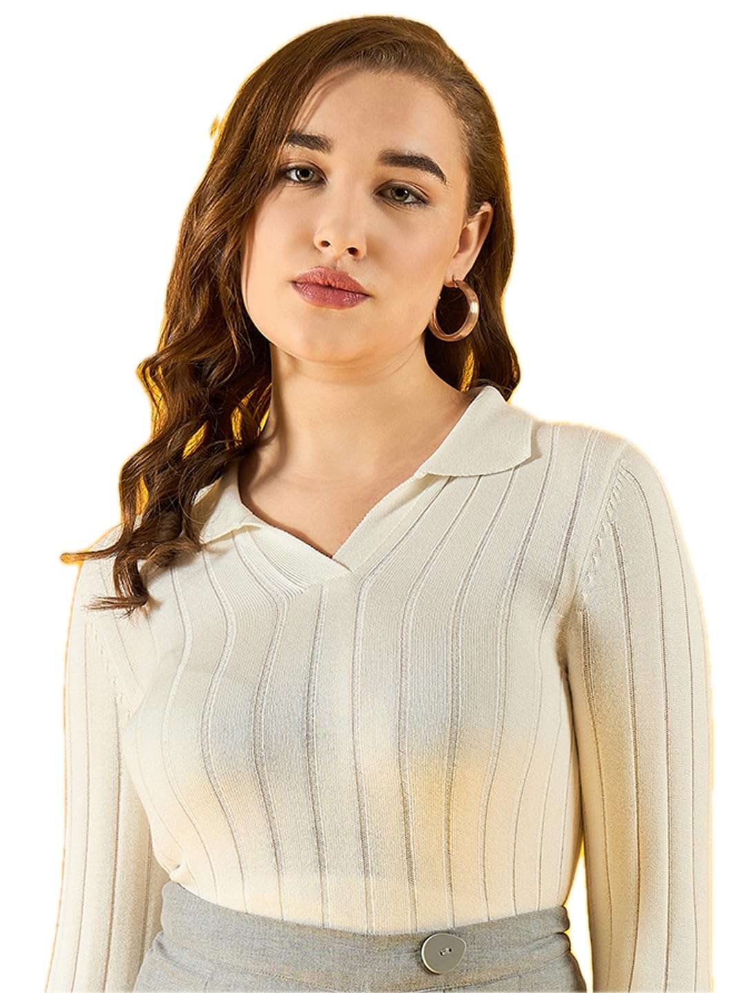 98 Degree Women Pure Cotton Collar Neck Sweater Has A Full Sleeve & Straight Hem-RLG1154-WHITE-image-24