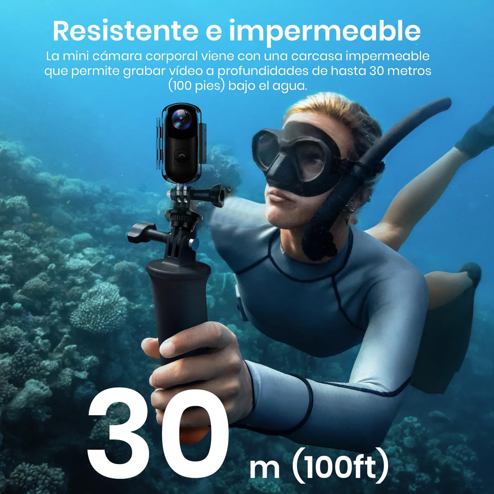 Cámara de Acción 360°, Mini Cámara Corporal POV, Subacuática 30m, WiFi, Gran Angular 120°, +10 Accesorios para Ciclismo, Viajes, Mascotas, Caminatas, Deportes + Tarjeta 64GB