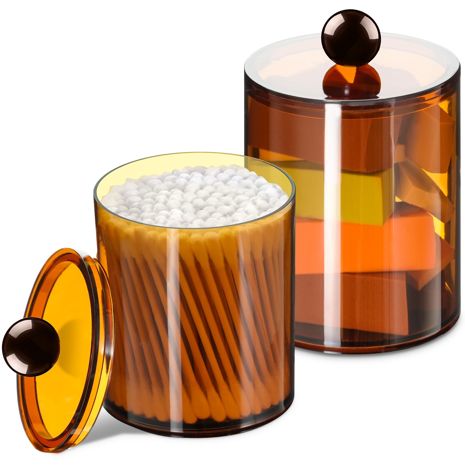 2 Pcs Acrylic Qtip Holder, Cotton Ball Holder Jars with Lids, Brown