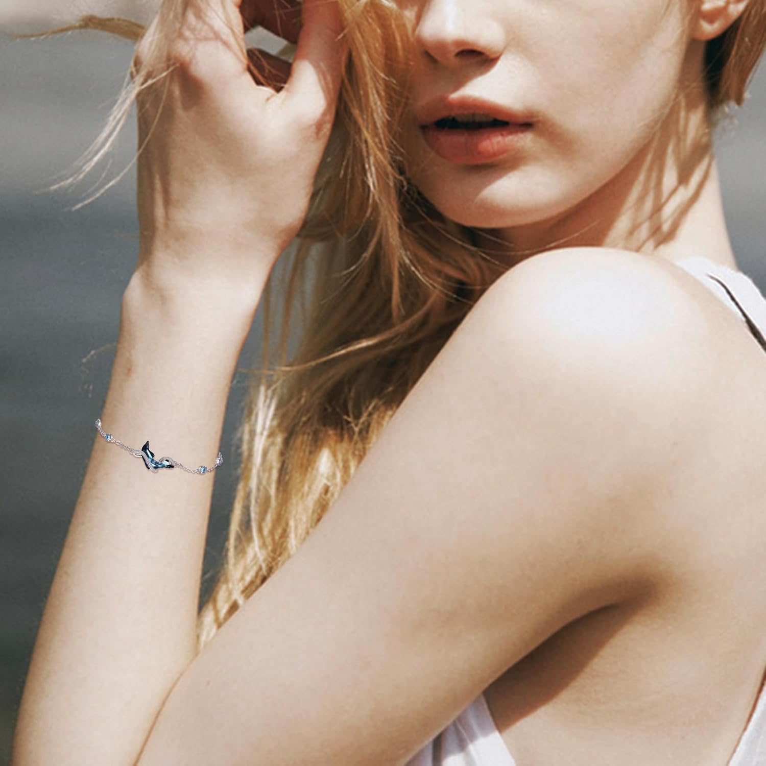 Infinity Dolphin Bracelet Anklet 925 Sterling Silver Dolphin Ankle Bracelet for Women Blue Crystal Adjustable Mother's Day Christmas Valentine's Day Ocean Beach Anniversary Jewelry Gifts for Family - Image 5