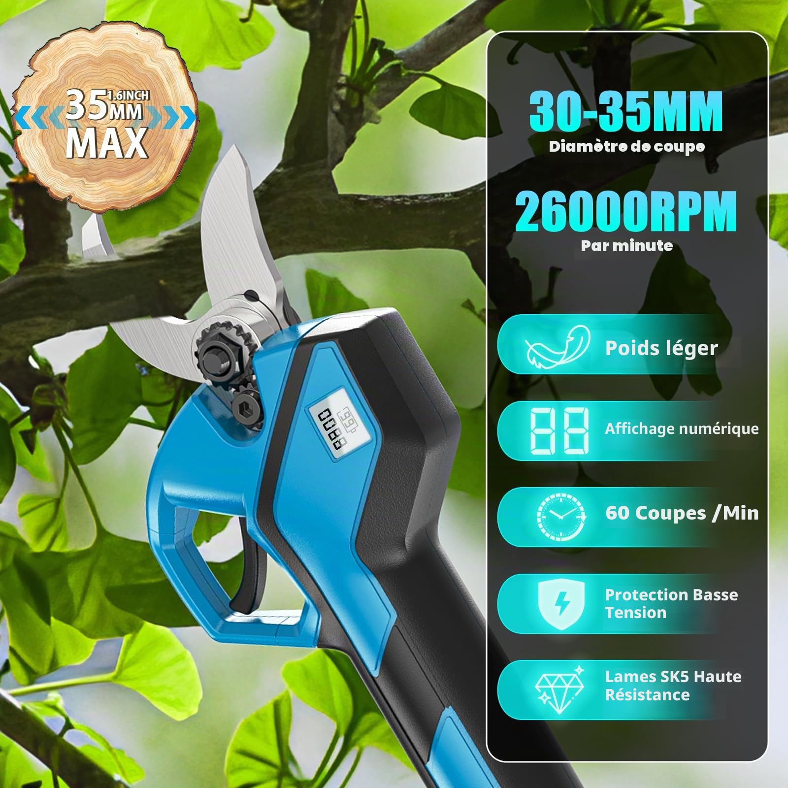 Sécateur Électrique Sans Fil 35MM SK5, 2 Batteries 4.0Ah, Moteur Sans Balais 1000W, Bypass avec Compteur LED & Interrupteur Sécurité, Outil Puissant pour Jardin Verger