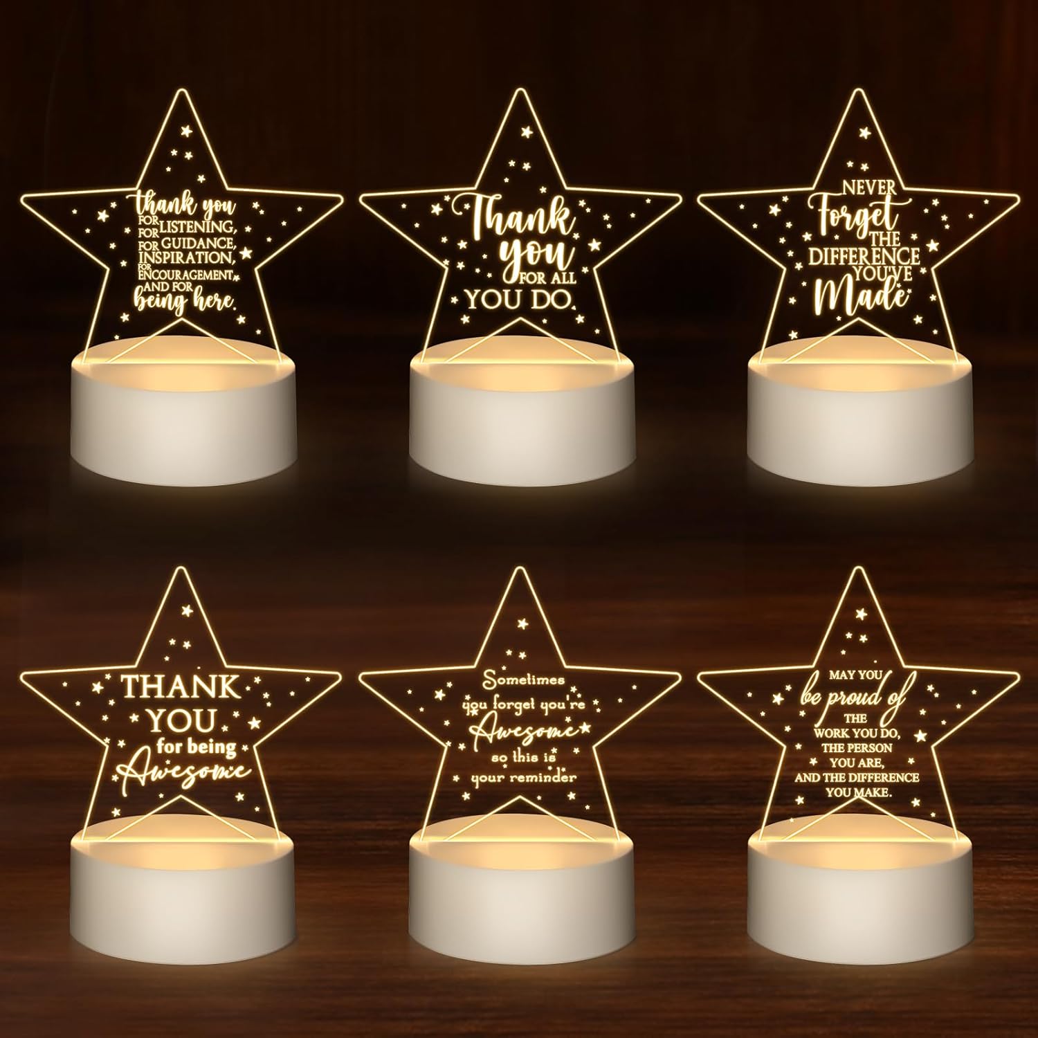 Kigley 6 Pcs Teacher Appreciation Gifts in Bulk Thank You Gifts for Teachers Nurse Employee Coworkers Lab Week Vet Tech Acrylic Night Light LED Engraved Lamp Graduation End of Year Presents(Star)