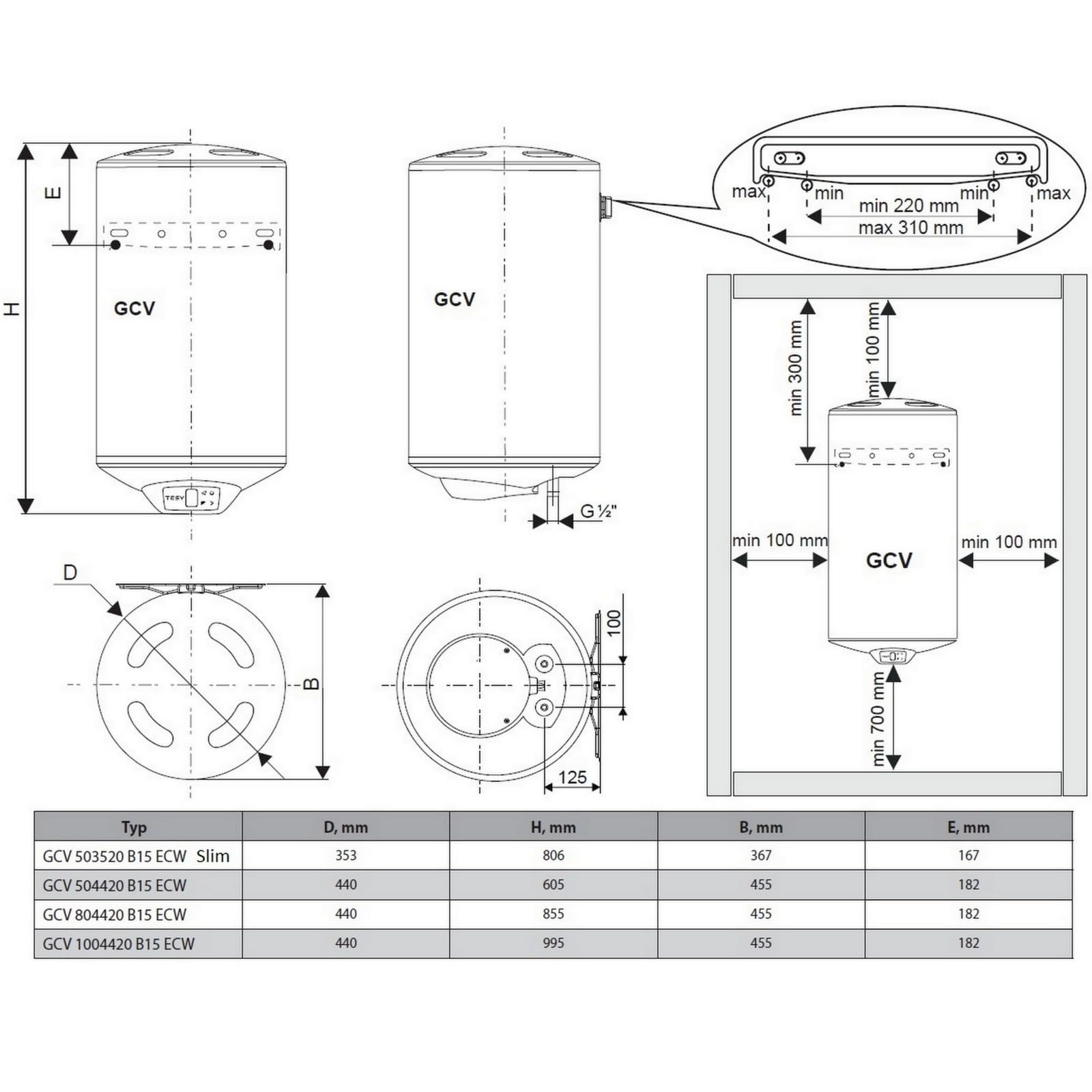Elektrospeicher Warmwasserspeicher Boiler mit Appsteuerung über WiFi wandhängender Boiler 50 Liter -SCHLANK- 2,0 kW 230 Volt GCV503520 ECW