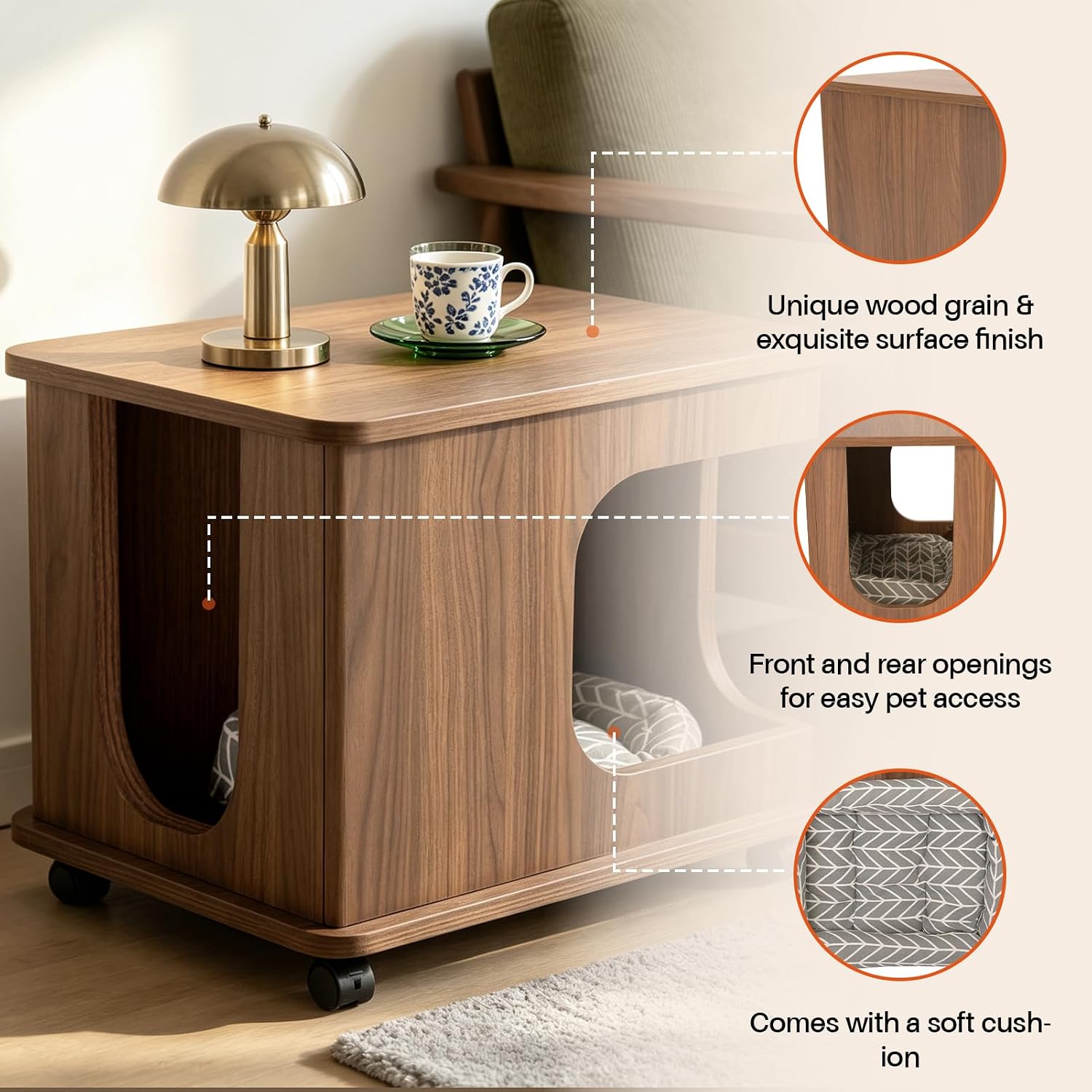 2-in-1 Wooden Cat Bed with Side Table, Hideaway Cave with Cushion — view 3