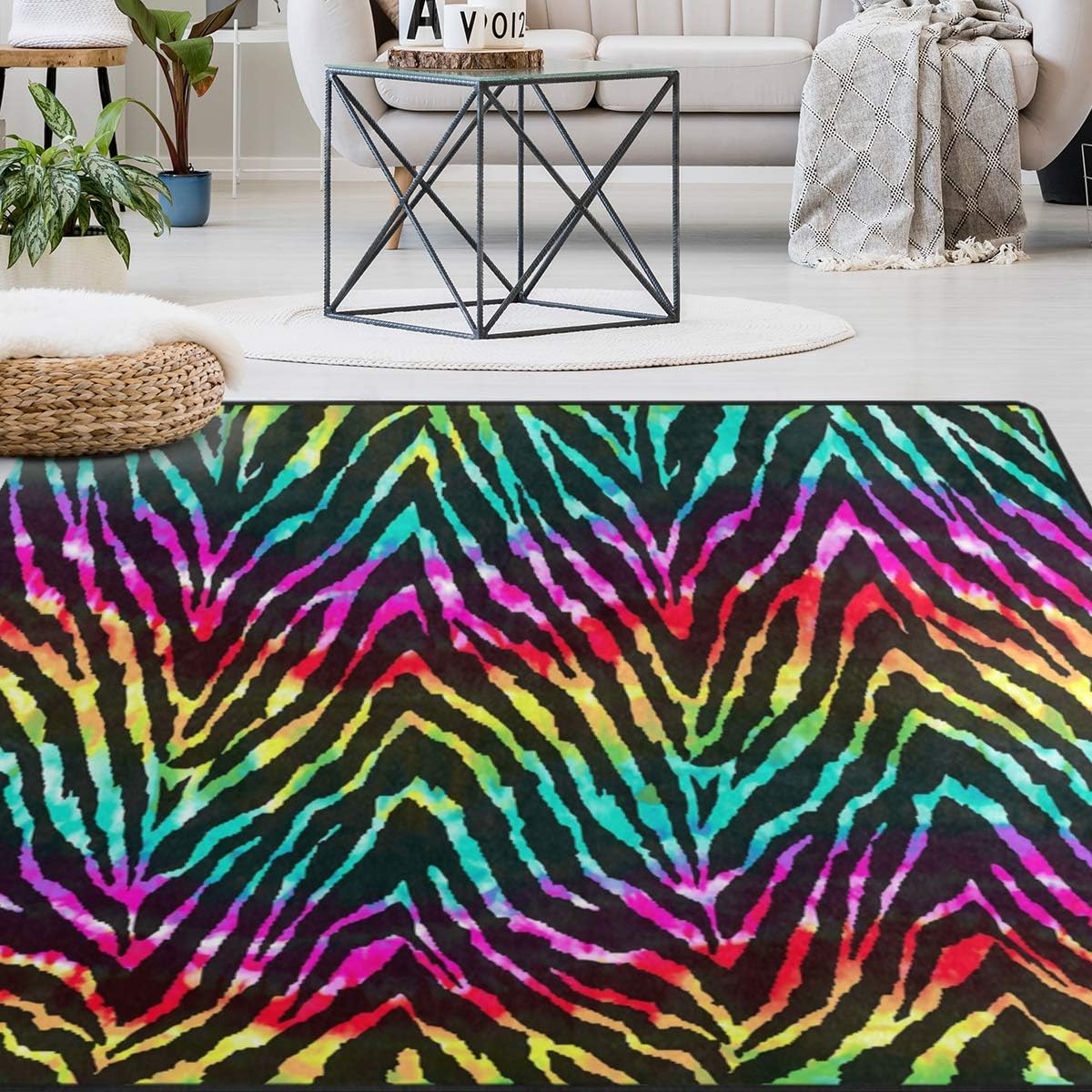 Naanle Rainbow Zebra Print Area Rug 5'x7', Colorful Polyester Area Rug Mat for Living Dining Dorm Room Bedroom Home Decorative