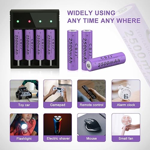 Miniatura 6 de 14500 Batería recargable de iones de litio de 3.7 V, 2500 mAh, 14500 batería recargable para linterna, juguetes (paquete de 4, morado)