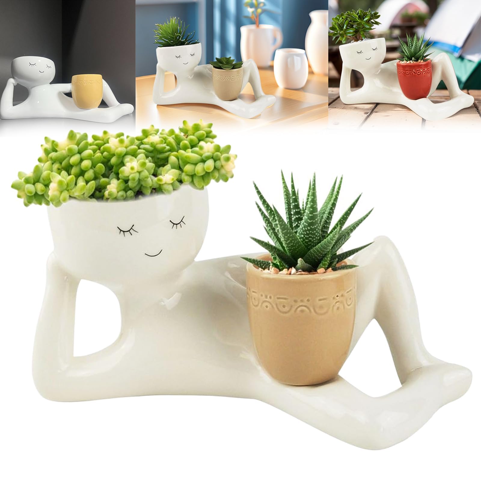 Ehoter Yellow Lying Down Figure Planters Human Shaped Flower Pot Resin Succulent Plant Vase Cactus Head Flower Pot Lazy And Cute Little Character Flowerpot For For Indoor Outdoor Garden Balcony (Yellow)