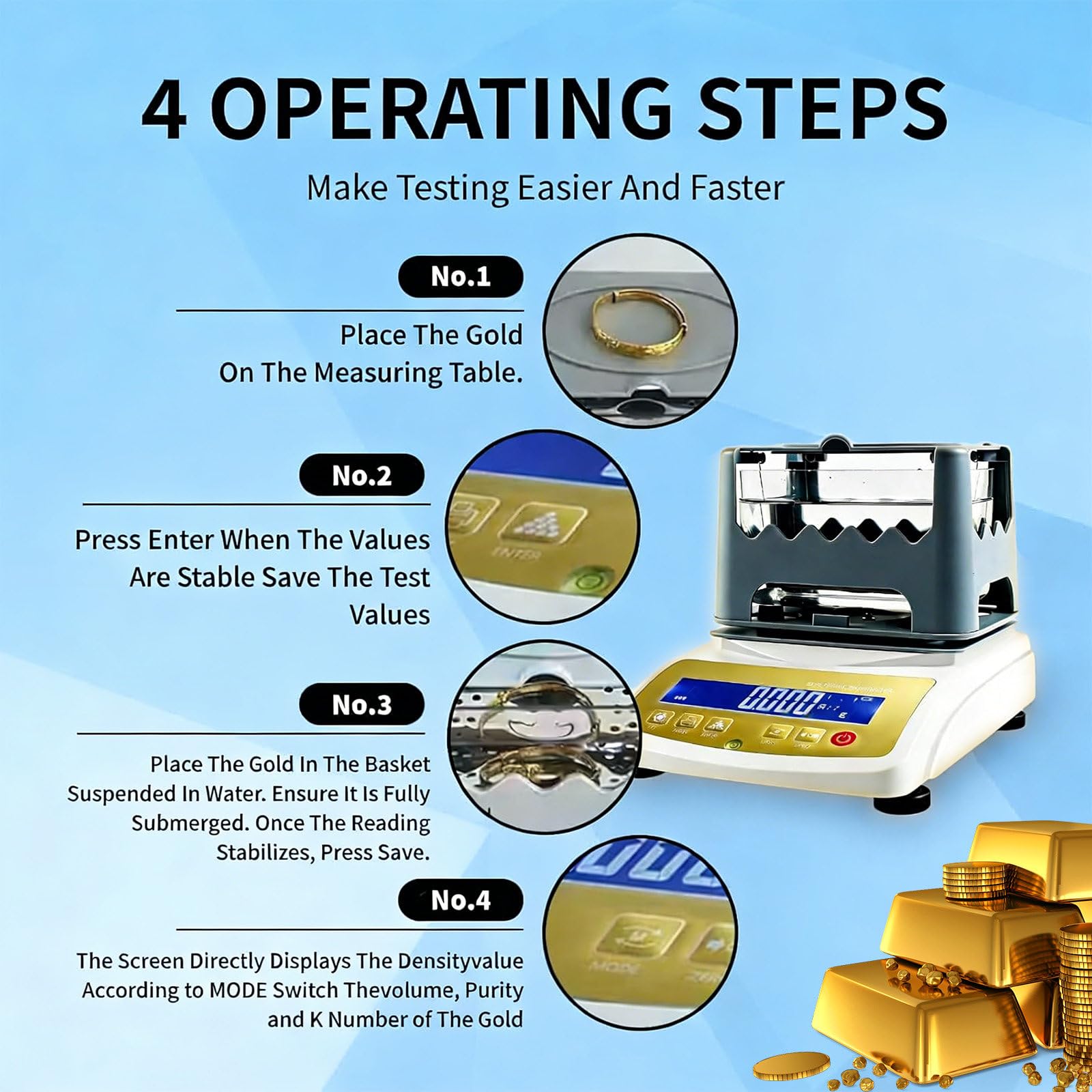 Goldreinheits-Analysegerät, Gold-K-Wert-Tester, Auflösung 0,001 g/cm³, Testgerät für K-Gold, Silber, Laborgenaue Messung für Juweliere Und Pfandhäuser MDJ-1200K