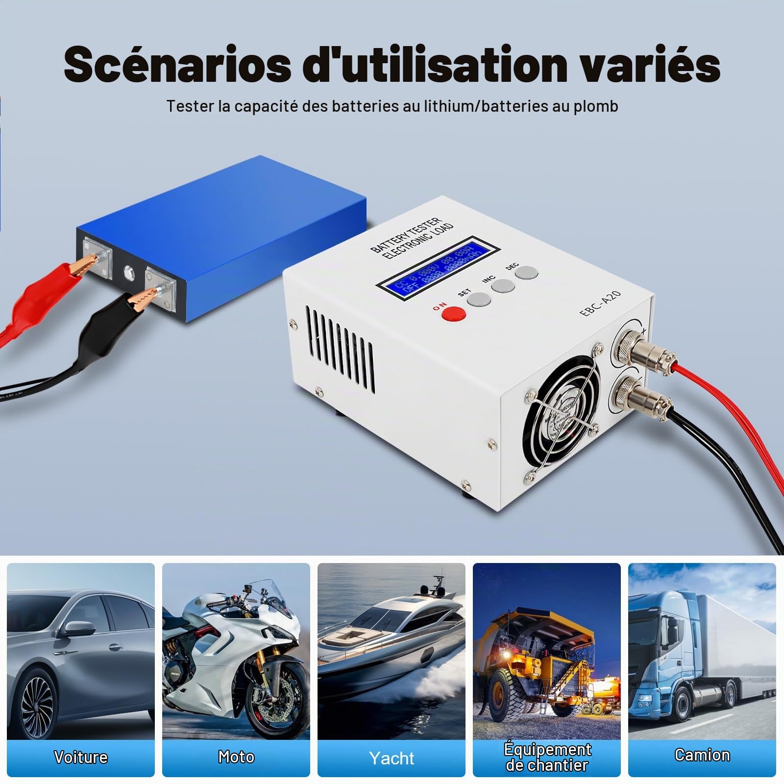 EBC-A20 Testeur de capacité de batterie 85 W Lithium Plomb Acide Testeur de capacité de batterie professionnel Testeur de charge électronique de batterie 5 A, décharge 20 A