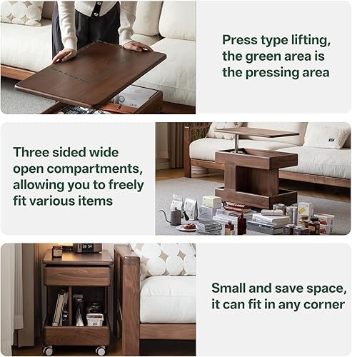 Miniatura 4 de Mesa auxiliar 100% de madera maciza con almacenamiento, mesita de noche pequeña con ruedas y escritorio giratorio, mesa de centro transformable para
