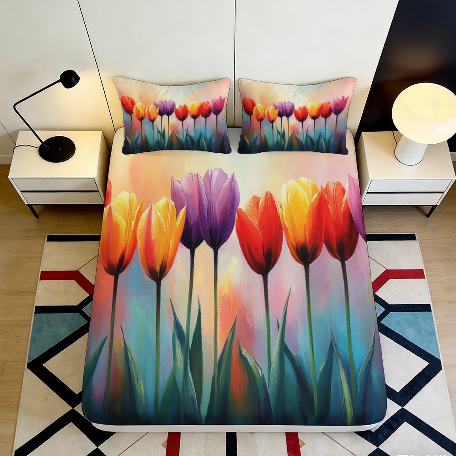 3D Printed Tulip Microfiber Fitted Sheet for Bedroom, Deep Pocket Non-Slip Tulip Mattress Fitted Cover Washable Protection 200x200x25cm 90x200x25cm