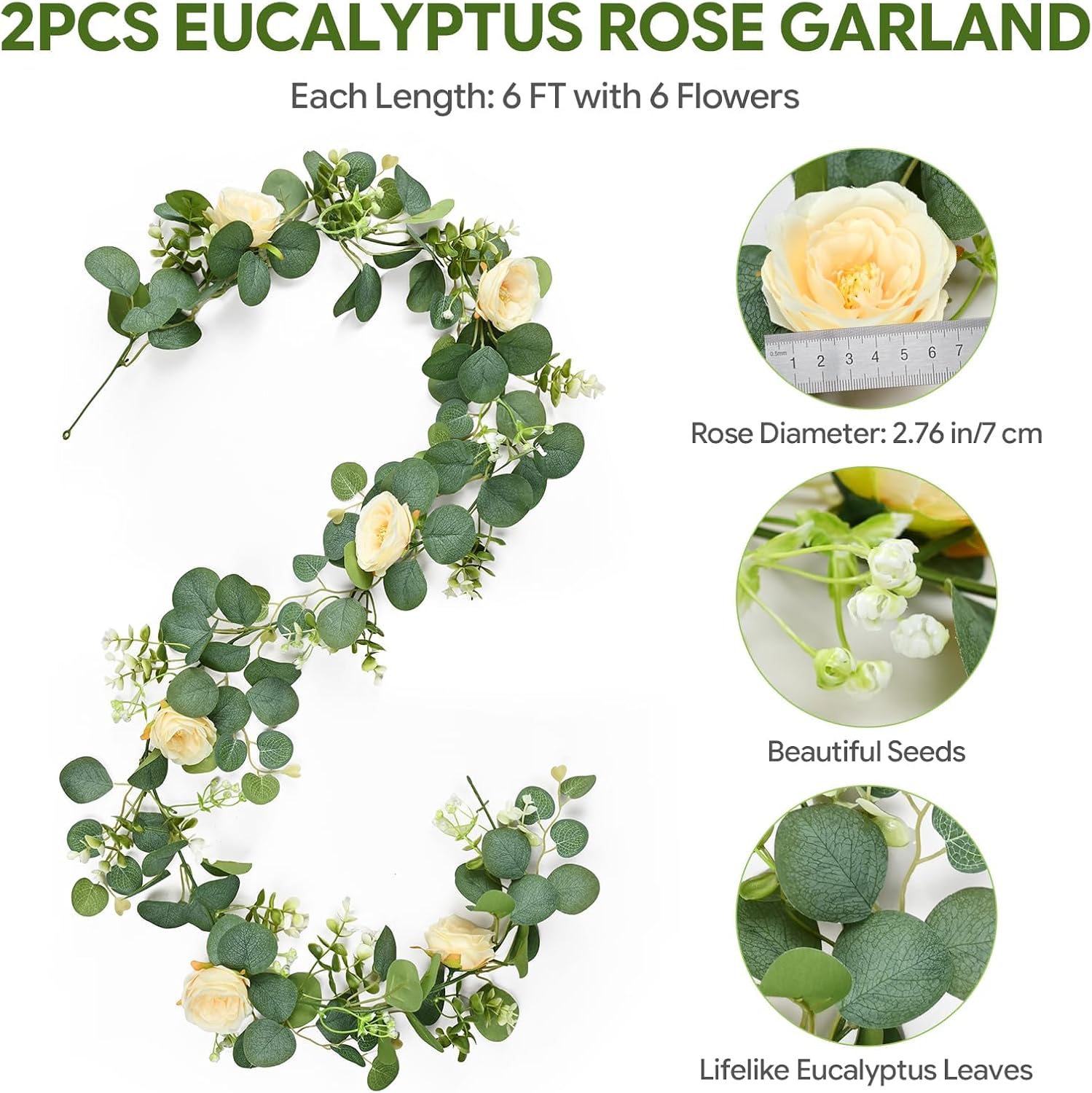 2 Pake 12FT Artificial Eucalyptus Flower Garland with 6 Champagne Roses, Fake Flower Vines Centerpieces for Tables, Spring Greenery Floral Garland for Mantle Wedding Backdrop Home Table Runner Decor