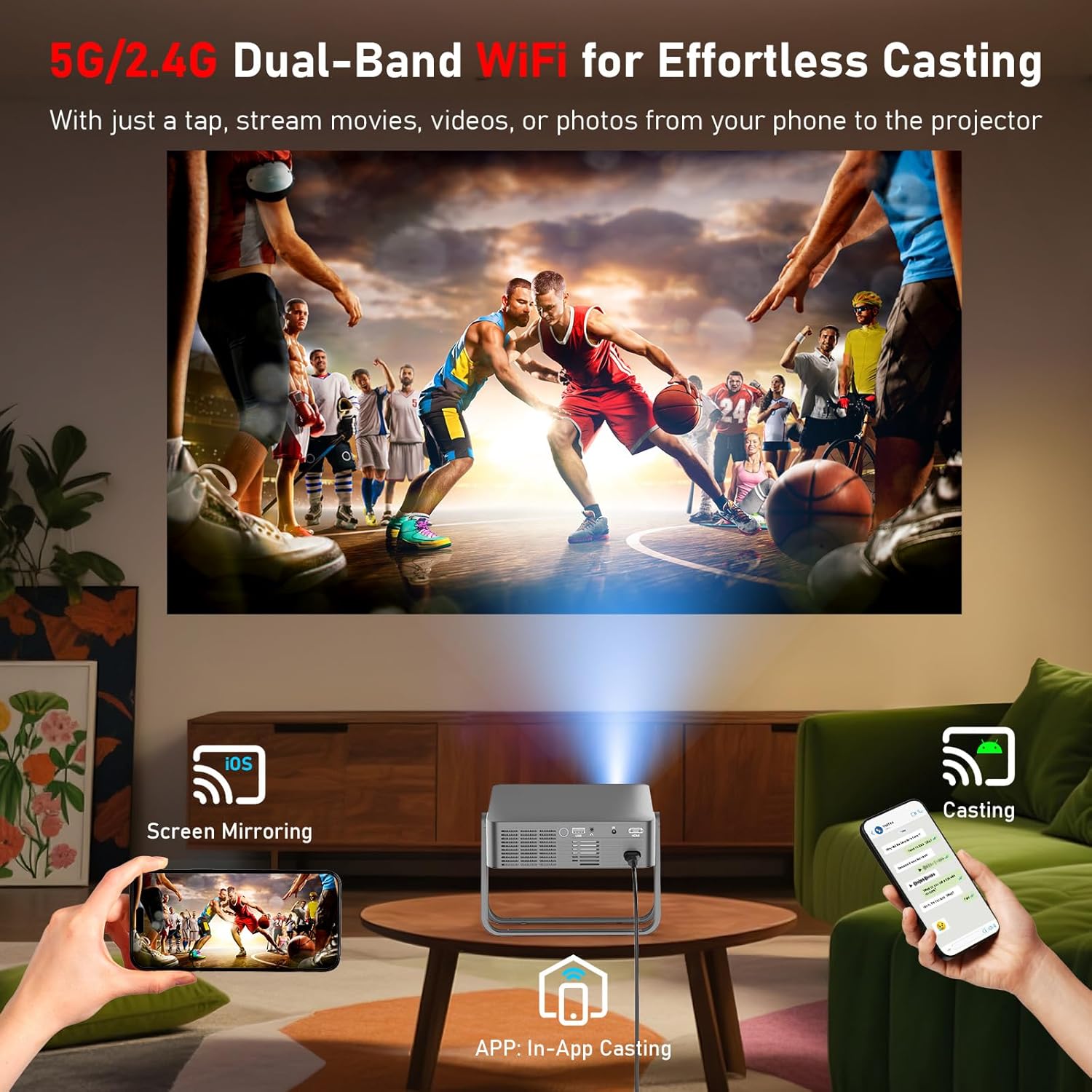 DBPOWER N5 Projector demonstrating screen sharing from a smartphone via WiFi 6.