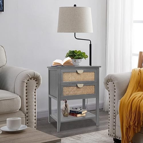 Miniatura 8 de PEIHONGET Mesitas de noche con 2 cajones mesita de noche de ratán mesa auxiliar organizador de armario de almacenamiento cajón y estante para