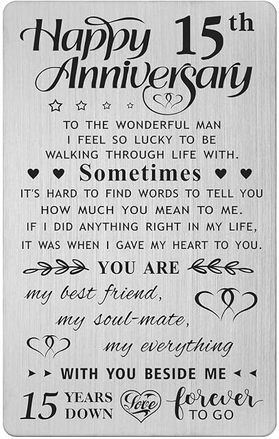 FALOGI 15th Wedding Anniversary Card Gifts for Him Husband, Happy 15 Year Anniversary Card Presents, Metal Engraved Wallet Card