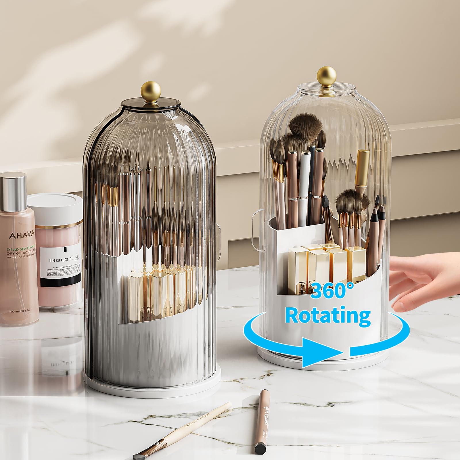 Soporte para cepillo de dientes a prueba de polvo con tapa, giratorio de 360 grados, soporte de pasta de dientes eléctrico con cubierta para baño, soporte para brochas de maquillaje de 3