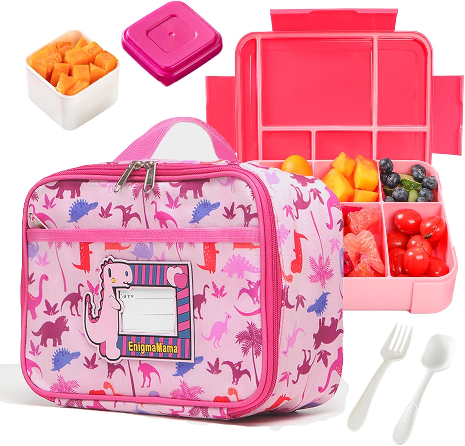 Kids Dinosaur Lunch Bag with Reusable Bento Box, Insulated & Leak-Proof Lunch Container Set with Name Tag, 6 Compartments, Fork & Spoon, Ideal for School, Travel, and Picnics (Pink Dinosaur)