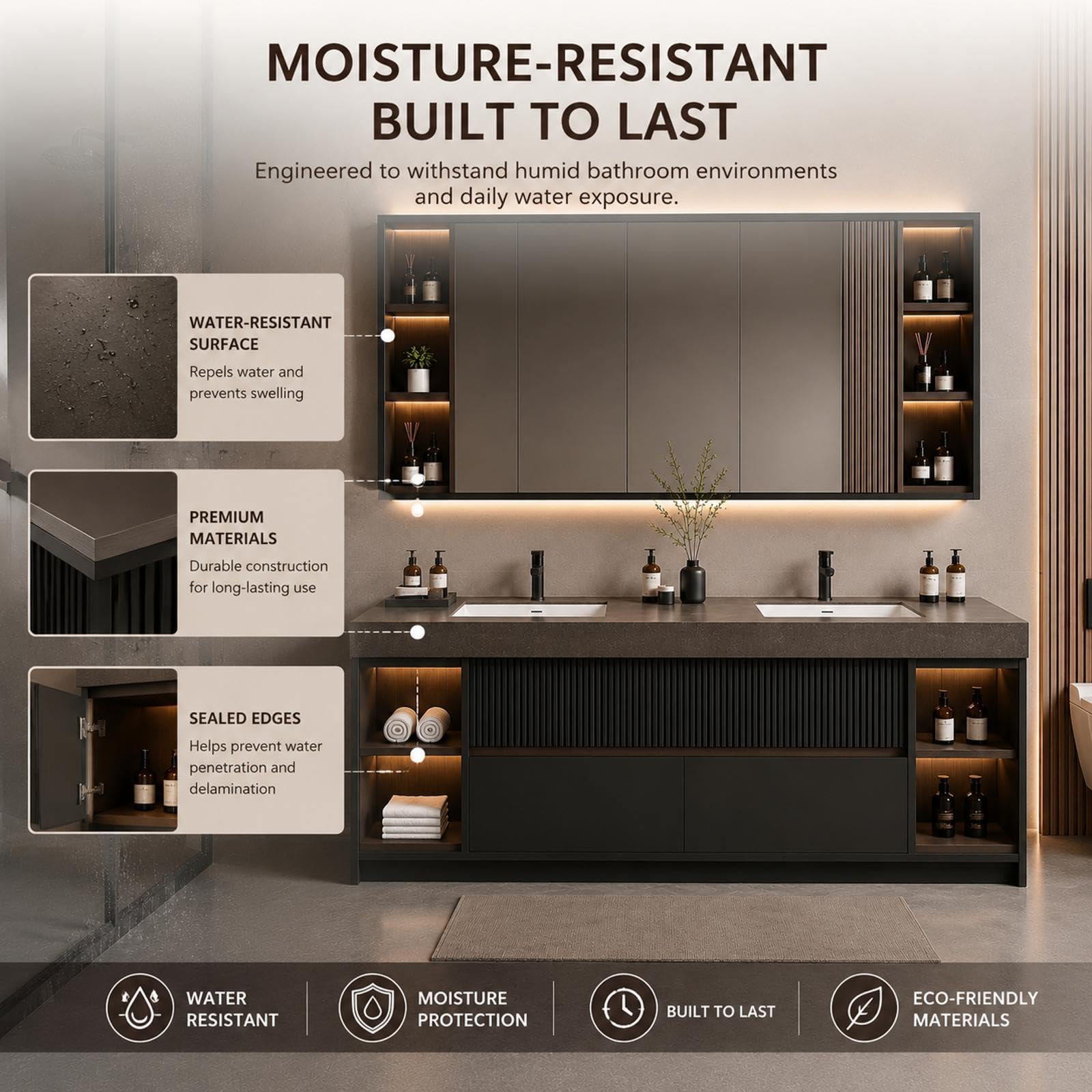 Vanità da bagno con doppio lavabo autoportante da 193 cm con specchio | Design moderno Smart Defog e luce LED | Ampio spazio di archiviazione | Doppio lavandino senza cuciture | Opzioni